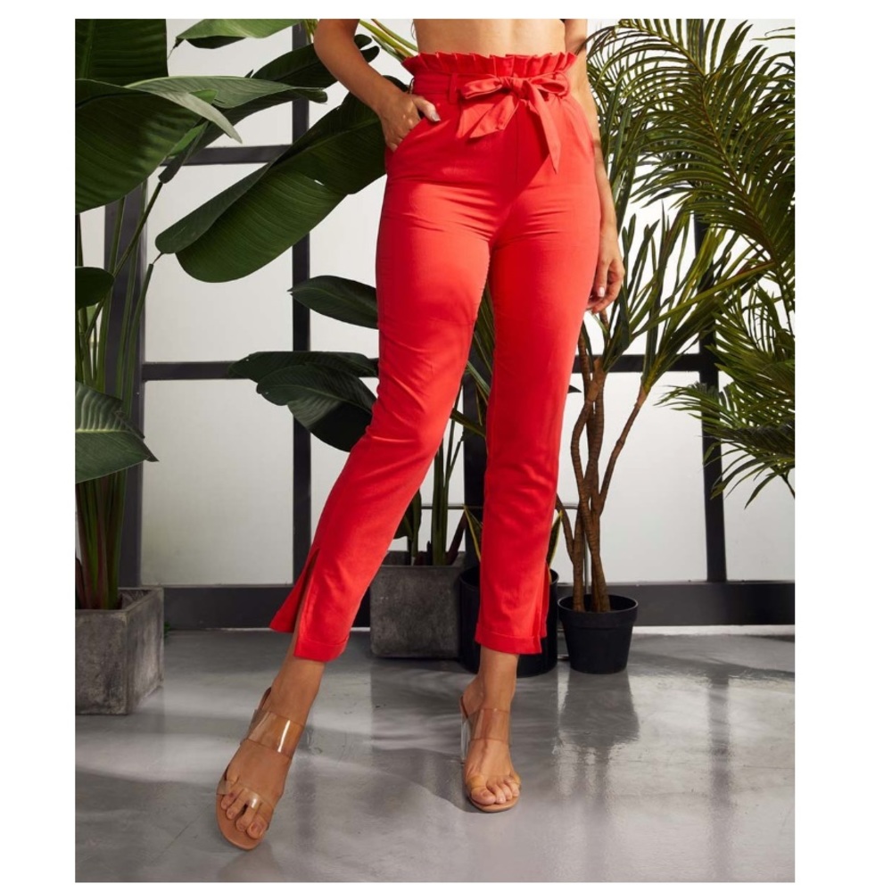 Red Split-Hem Pocket Pants -Women
